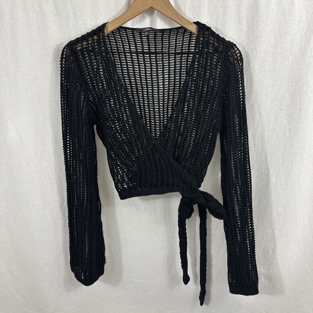 Lulus Codhi Sheer Crochet Black Flare Sleeve Tie Swim Cover Up Top Women Sz M